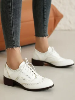 Mocassins Femmes Patchwork Bout Rond Talon Bas À Lacets Chaussures Vintage