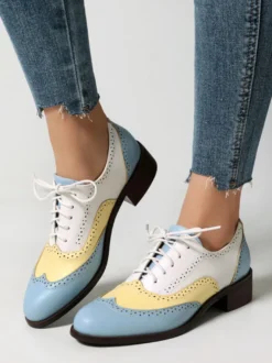 Mocassins Femmes Patchwork Bout Rond Talon Bas À Lacets Chaussures Vintage