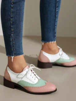 Mocassins Femmes Patchwork Bout Rond Talon Bas À Lacets Chaussures Vintage
