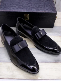 Mocassins habillés pour hommes en cuir véritable bout rond nœud patchwork chaussures de bal à enfiler