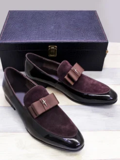 Mocassins habillés pour hommes en cuir véritable bout rond nœud patchwork chaussures de bal à enfiler