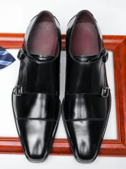 Mocassins à lacets pour homme bout uni double boucle cuir antidérapant talon carré chaussures de bal basses