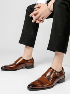 Mocassins à lacets pour homme bout uni double boucle cuir antidérapant talon carré chaussures de bal basses