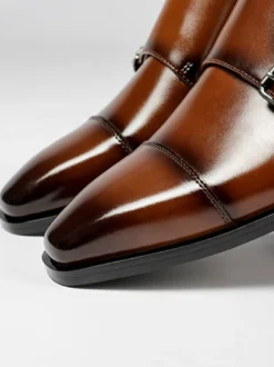 Mocassins à lacets pour homme bout uni double boucle cuir antidérapant talon carré chaussures de bal basses