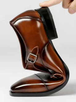 Mocassins à lacets pour homme bout uni double boucle cuir antidérapant talon carré chaussures de bal basses