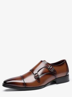 Mocassins à lacets pour homme bout uni double boucle cuir antidérapant talon carré chaussures de bal basses
