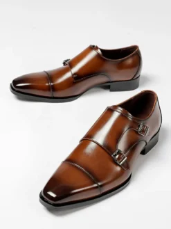 Mocassins à lacets pour homme bout uni double boucle cuir antidérapant talon carré chaussures de bal basses