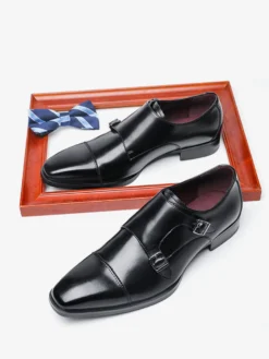 Mocassins à lacets pour homme bout uni double boucle cuir antidérapant talon carré chaussures de bal basses
