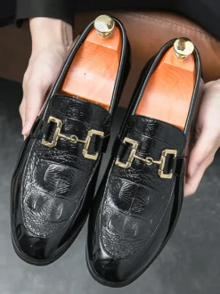 Mocassins à mors pour homme chaussures à enfiler en cuir verni à bout rond
