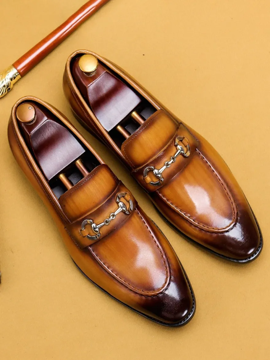 Mocassins à mors pour homme en cuir véritable à bout pointu à enfiler