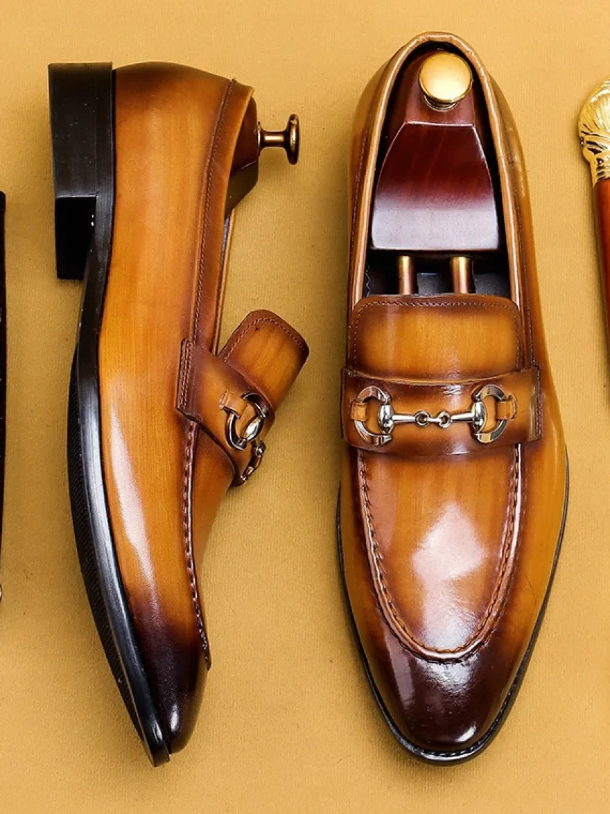 Mocassins à mors pour homme en cuir véritable à bout pointu à enfiler