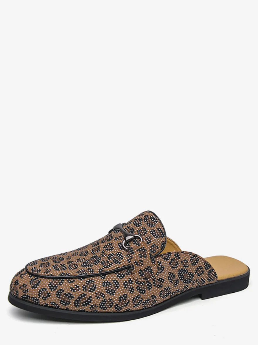 Mocassins mules pour hommes imprimé léopard bout rond détails métalliques sans talon