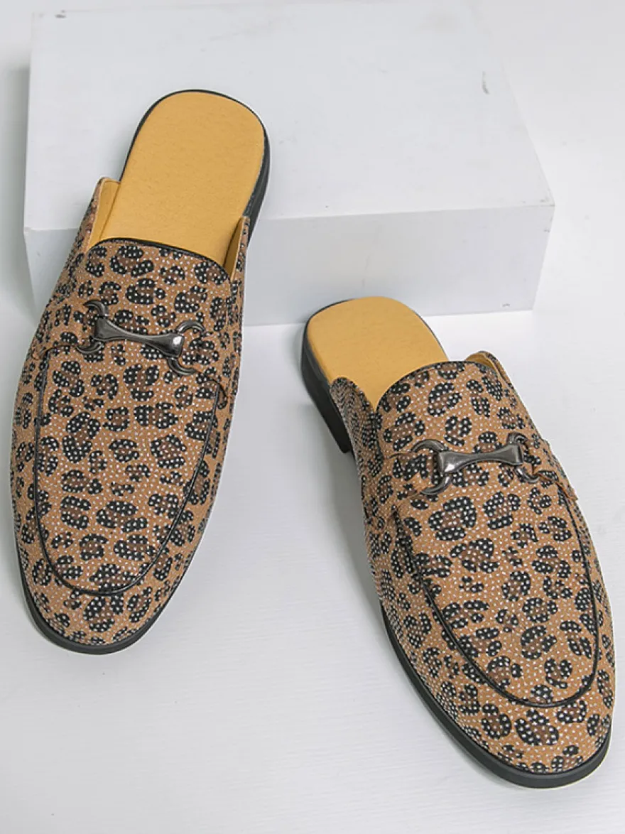 Mocassins mules pour hommes imprimé léopard bout rond détails métalliques sans talon