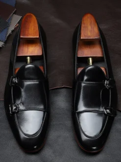 Mocassins noirs à bout rond en cuir véritable pour homme