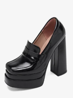Mocassins noirs à talons hauts et plateforme pour femmes escarpins à enfiler à bout carré