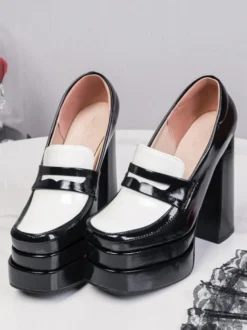 Mocassins noirs à talons hauts et plateforme pour femmes escarpins à enfiler à bout carré