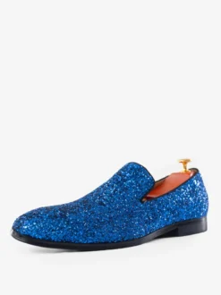 Mocassins à paillettes bleus pour homme bout rond à enfiler chaussures de bal de fête de mariage