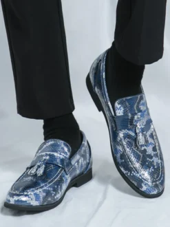Mocassins à pampilles pour hommes à enfiler en cuir synthétique imprimé poisson bout rond pour bal de promo mariage