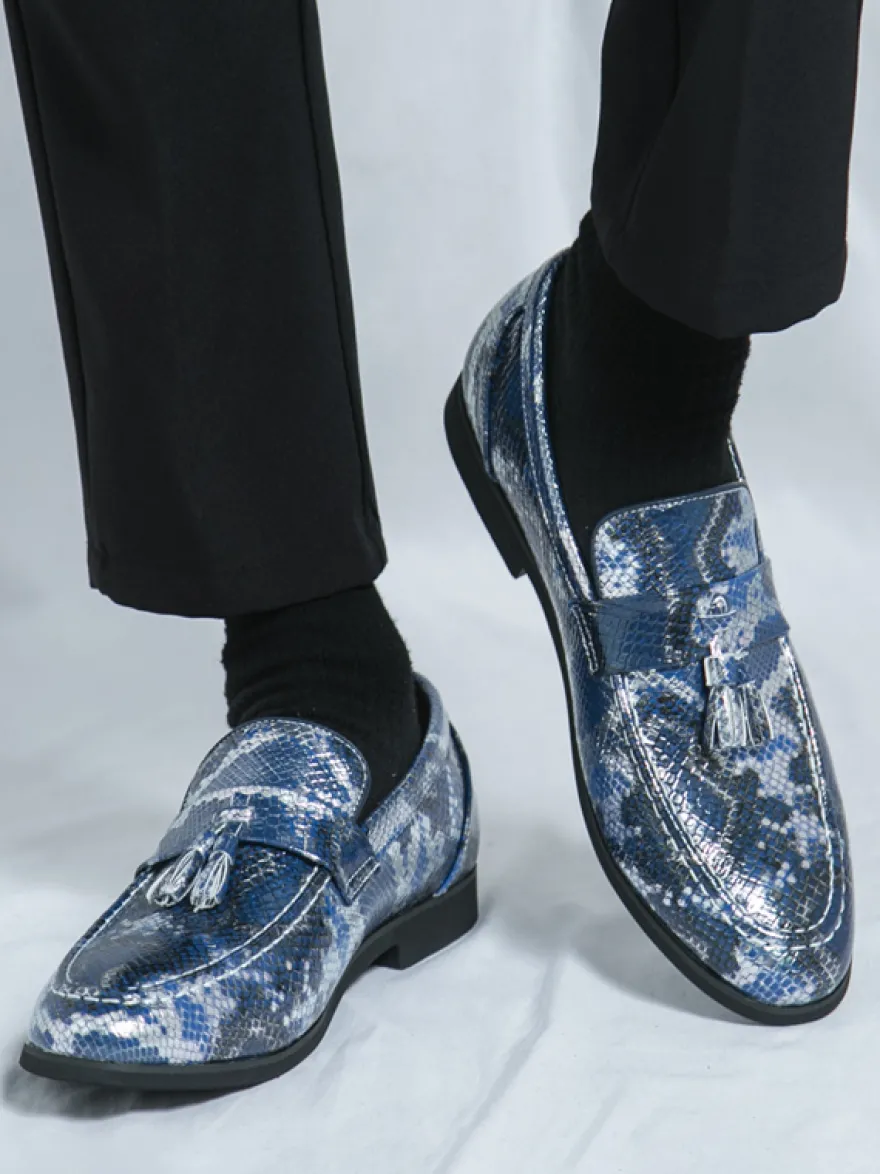 Mocassins à pampilles pour hommes à enfiler en cuir synthétique imprimé poisson bout rond pour bal de promo mariage