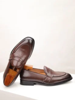 Mocassins Penny marron pour hommes bout rond chaussures habillées à enfiler