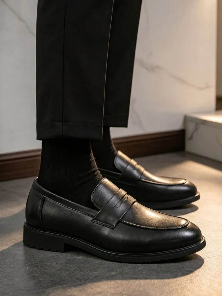 Mocassins penny pour hommes bout rond chaussures habillées à enfiler