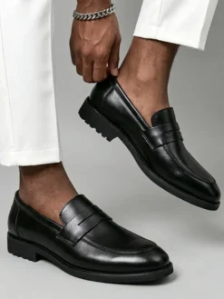 Mocassins penny pour hommes bout rond chaussures habillées à enfiler