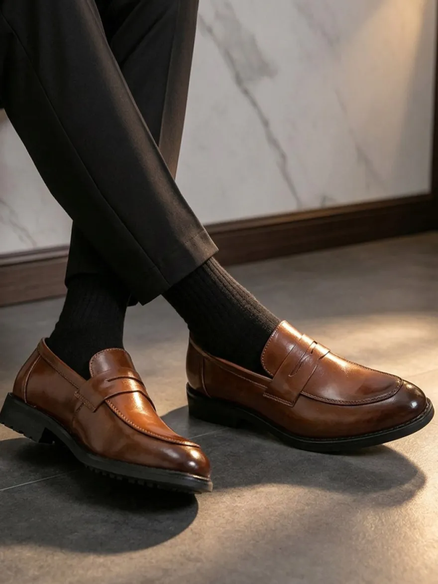Mocassins penny pour hommes bout rond chaussures habillées à enfiler