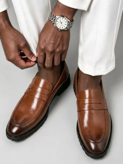 Mocassins penny pour hommes bout rond chaussures habillées à enfiler