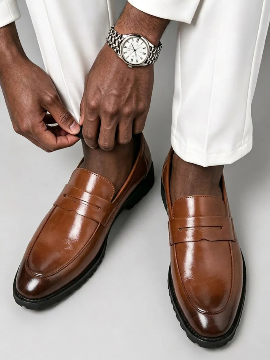 Mocassins penny pour hommes bout rond chaussures habillées à enfiler