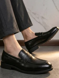 Mocassins penny pour hommes bout rond chaussures habillées à enfiler