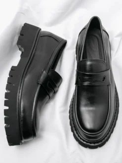 Mocassins Penny pour hommes en cuir antidérapant à plateforme chaussures à enfiler épaisses bout rond semelle crantée chaussures décontractées et formelles