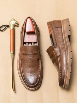 Mocassins Penny pour hommes à enfiler bout rond antidérapants talons bas chaussures Penny en cuir