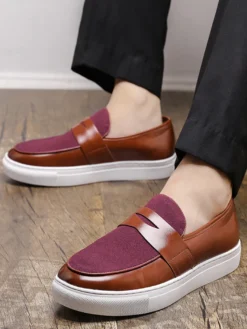 Mocassins Penny pour hommes à enfiler bout rond semelle épaisse en daim et cuir