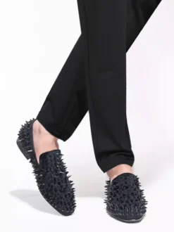 Mocassins à pointes noires pour hommes Slip-On Bout Rond Chaussures de mariage soirée