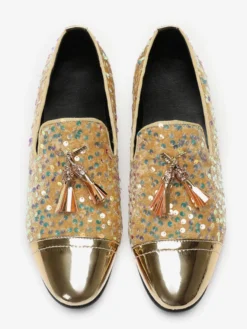 Mocassins à rivets et paillettes pour homme bout pointu en cuir de vache avec pompons chaussures de bal et de mariage