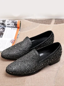 Mocassins à rivets et paillettes pour homme chaussures de mariage de bal à enfiler en cuir et à bout pointu