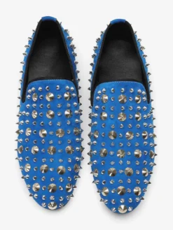 Mocassins à rivets pour homme en cuir de vache bleu à enfiler et à pointes pour bal de promo et mariage