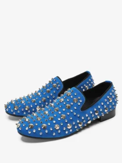 Mocassins à rivets pour homme en cuir de vache bleu à enfiler et à pointes pour bal de promo et mariage