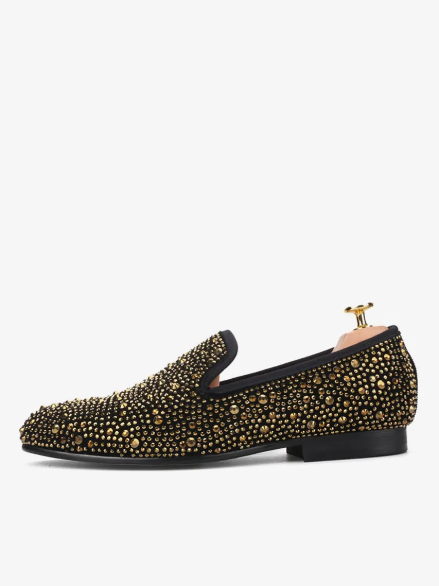 Mocassins à rivets pour hommes chaussures de soirée en daim doré avec strass chaussures à enfiler pour bal de promo mariage