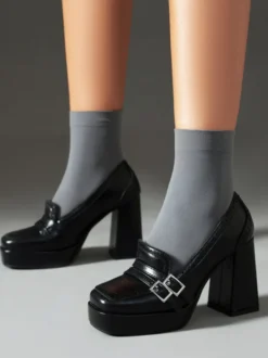 Mocassins À Talon Épais Avec Boucle Chaussures Vintage Femme En Cuir PU