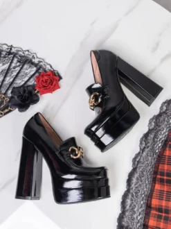Mocassins à talons hauts plateforme bout carré chaîne escarpins à talons épais