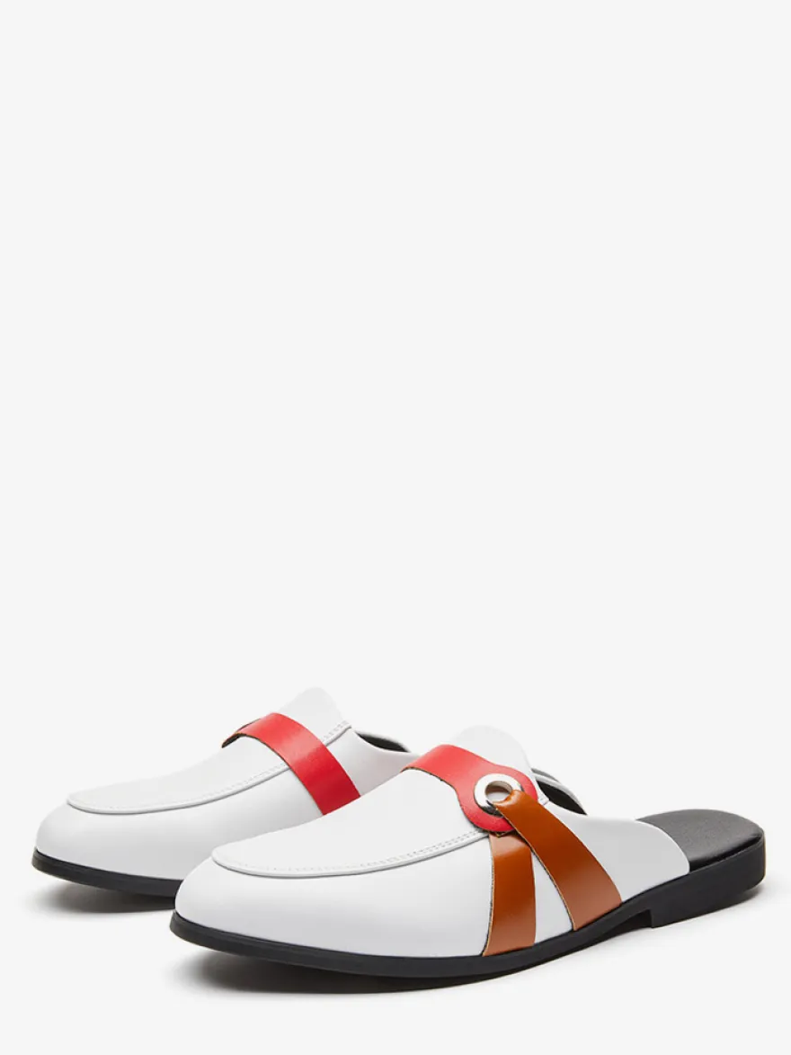 mules blanches à bout rond et boucle pantoufles sans talon