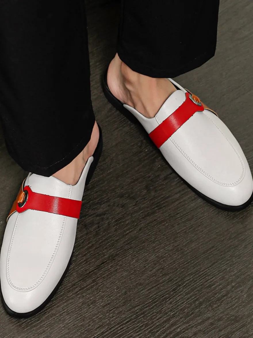 mules blanches à bout rond et boucle pantoufles sans talon