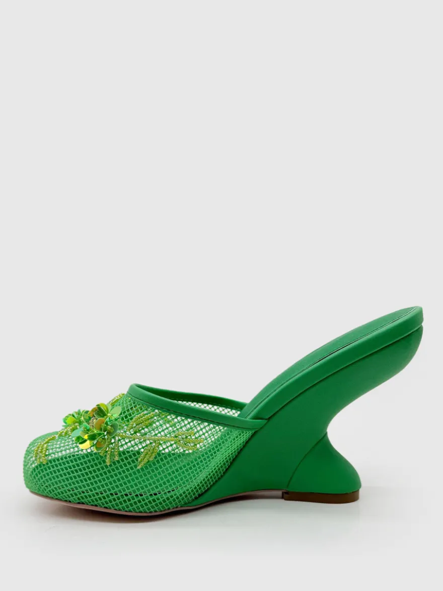 Mules compensées en maille pour femmes bout rond fleurs sans talon