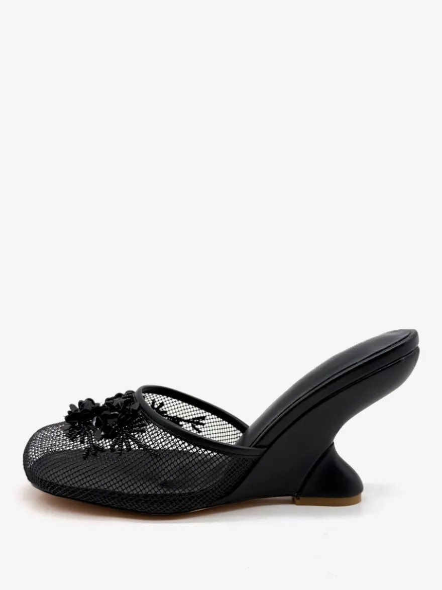 Mules compensées en maille pour femmes bout rond fleurs sans talon