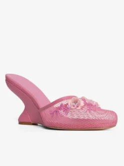Mules compensées en maille pour femmes bout rond fleurs sans talon
