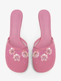 Mules compensées en maille pour femmes bout rond fleurs sans talon