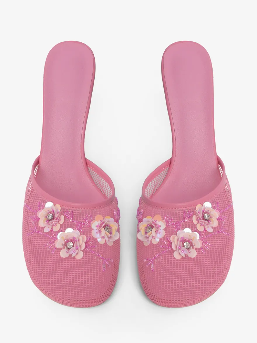 Mules compensées en maille pour femmes bout rond fleurs sans talon