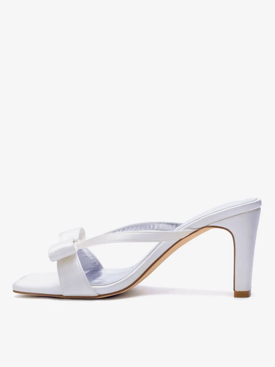 Mules de mariée à talons hauts bout ouvert nœud chaussures de mariage à talon compensé