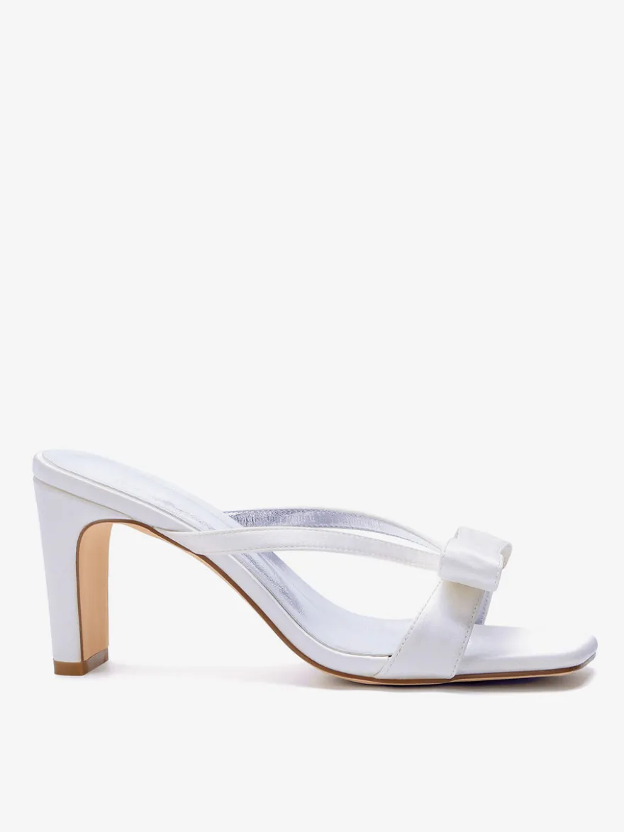 Mules de mariée à talons hauts bout ouvert nœud chaussures de mariage à talon compensé